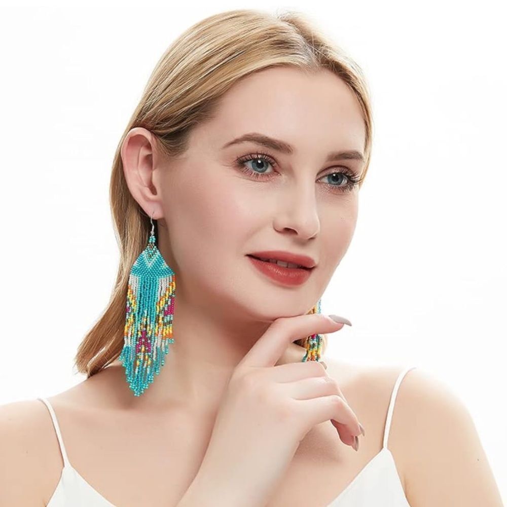 Southwestern Boho Seed Bead Tassel Dangling Statement French Wire Hook Earrings - Picture 6 of 7